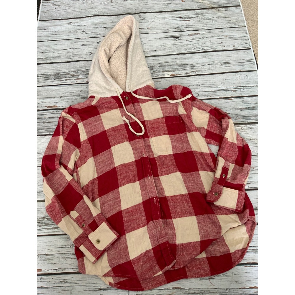 American Eagle Red Plaid Flannel Sherpa Lined Hooded Shirt Womens Small S P/CH